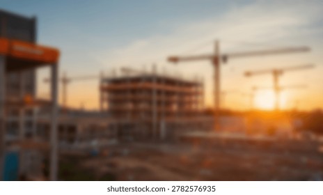 Multiple large construction cranes are visible around an unfinished building structure during a warm sunset.