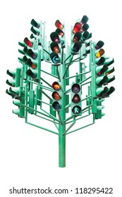 Multiple Large Traffic Lights Post Made From Green Metal, Isolated In White