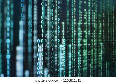 multiple layer binary code chaos and confusing data. error screen displaying computer codes. selective focus on single line of text, blurring light.