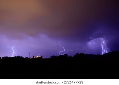 Multiple lightning strikes hitting the ground during a severe weather event.