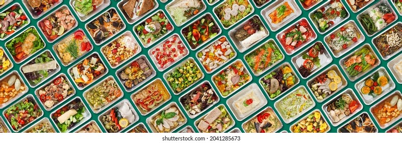 Multiple Lunch Boxes With Healthy Everyday Meals Flat Lay Over Green Background, Creative Banner For Food Delivery Service With Set Of Foil Lunch Boxes Filled With Tasty Eats, Top View, Panorama
