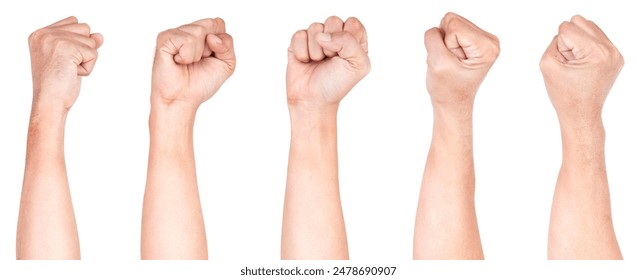 Multiple Male Caucasian hand gestures isolated over the white background, set of multiple images.