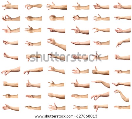 Multiple male caucasian hand gestures isolated over the white background, set of multiple images