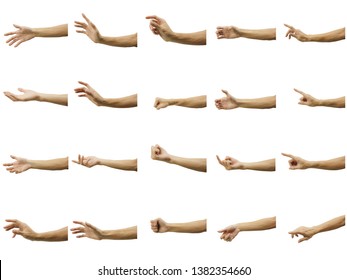 Multiple Of Man's Hand Gesture Isolated On White Background. Carefully Cut Out By Pen Tool And Insert A Clipping Path.