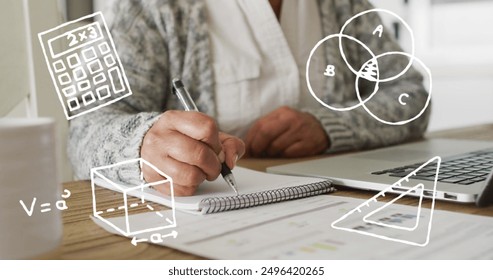 Multiple math concept icons against mid section of woman taking notes and using laptop. school and education concept - Powered by Shutterstock