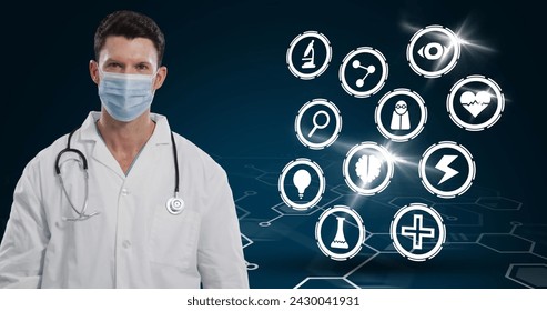 Multiple medical icons against portrait of caucasian male doctor adjusting his face mask. medical research and technology concept - Powered by Shutterstock