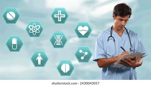 Multiple medical icons against portrait of caucasian male surgeon writing on clipboard and smiling. medical science and technology concept - Powered by Shutterstock