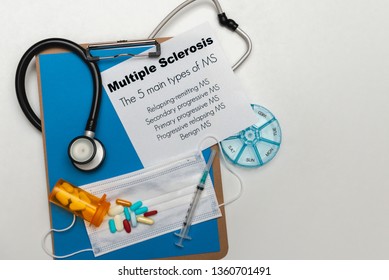 Multiple Sclerosis diagnosis, Medication And Questions About Diseases On A Clipboard. MS Medications.