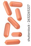 Multiple mini hot dogs falling against a transparent background