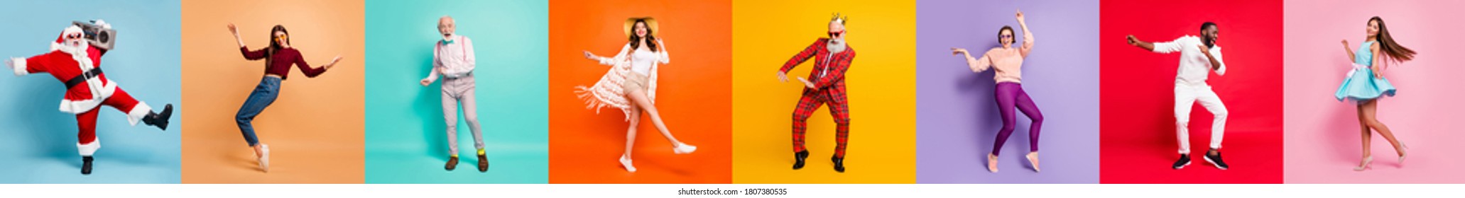 Multiple Montage Full Body Collage Eight Excited People Different Age Race Ladies Guys Good Mood Friendship Free Time Rejoicing Fall Winter Spring Summer Vibes Disco Isolated Colorful Background