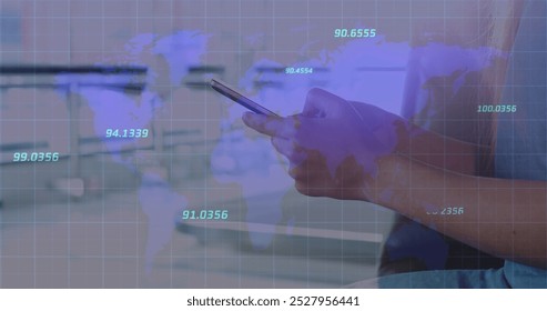 Multiple numbers floating over world map against caucasian woman using smartphone. Global networking and business technology concept - Powered by Shutterstock - Get 15% off with code: PIKWIZARD15