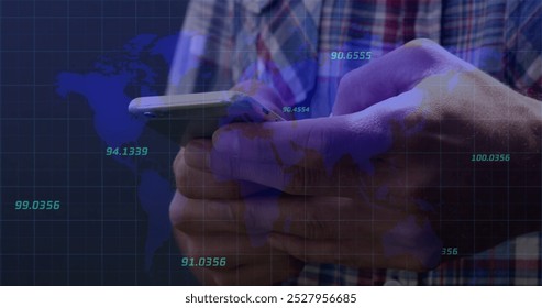 Multiple numbers floating over world map against mid section of a man using smartphone. Global networking and business technology concept - Powered by Shutterstock - Get 15% off with code: PIKWIZARD15