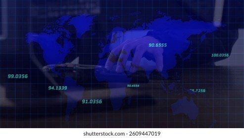 Multiple numbers floating over world map against person typing on keyboard. global networking and technology concept