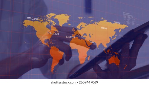 Multiple numbers floating over world map against mid section of person using digital tablet. global networking and technology concept