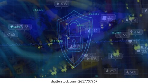 Multiple numbers over security shield and padlock icon against close up of a computer server. cyber security and business data storage technology concept - Powered by Shutterstock - Get 15% off with code: PIKWIZARD15