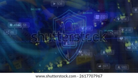 Multiple numbers over security shield and padlock icon against close up of a computer server. cyber security and business data storage technology concept