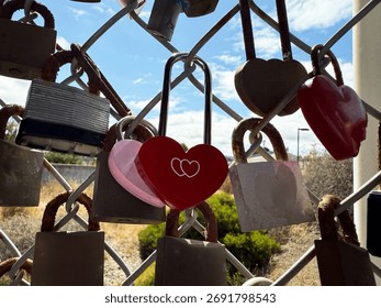 Multiple padlocks including red heart lock hanging on wire fence with natural background and clouds, expressing concept of love, memory, promise, and human emotion
