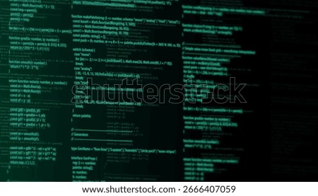 multiple panes of glowing green programming code on a dark screen. 