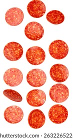 Multiple pepperoni slices appear to spin against a clear backdrop