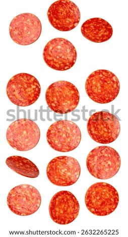 Multiple pepperoni slices appear to spin against a clear backdrop