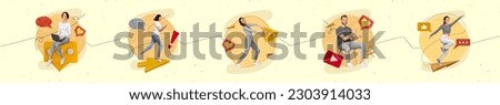 Multiple picture template collage of millennial people use network device text chatting watch video youtube instagram facebook