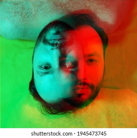 Multiple Portrait Of A Man With Glitch Duotone Effect. Multiple Exposure, Dual Face, Abstract Fashionable  Photo. 