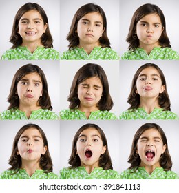 Multiple portraits of the same little girl making diferent expressions