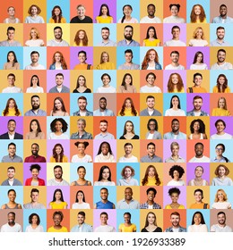 Multiple Portraits Of Young Happy And Successful Millennial People In Square Collage Over Different Colorful Backgrounds. Happy Human Faces Collection, Set Of Headshots. Social Diversity Concept