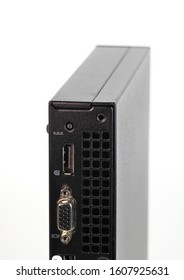 Multiple Ports On Back Side Of Tiny Computer Or Micro Form Factor Computer, Small Form Factor Computer Or Multimedia Box Or Android Box Isolate On White Background