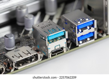 Multiple ports on modern computer mainboard show with Display port, USB 3.2 type A and type C, usb 3.1.