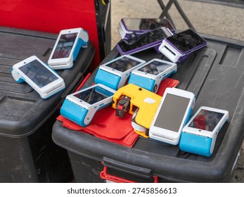 Multiple POS devices awaiting deployment or replacement. Ready to accept card payments, providing support for contemporary business and financial technologies
