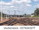 Multiple railroad tracks with junctions at a railway station in Wolsztyn, Wielkopolska, Poland