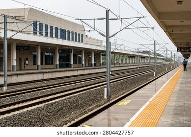Multiple railroad tracks stretch through a modern train station with overhead power lines and wide platforms.