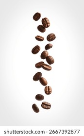Multiple roasted coffee beans are falling against a clean white background. The beans are in various positions, showcasing their rich brown color and texture.