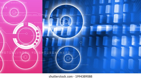 Multiple round scanners against binary coding data processing on blue and pink background. computer interface and technology concept