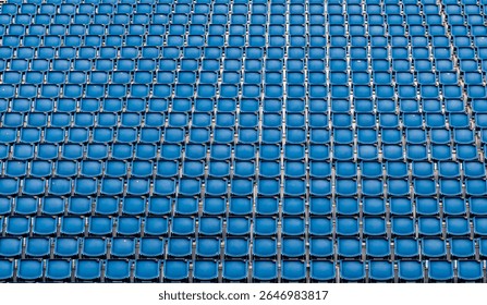 multiple row of blue reserved empty chair, seat in stadium for soccer, football sport game and festival or concert in lined up in a row for audience