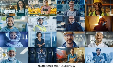 Multiple Screen Edit: Diverse Group of Professional People Smiling. Business People, Entrepreneur, Worker, Engineers, Female Astronaut, Artist, Chef, CEO, IT Specialist. Happy Workers of the World - Shutterstock ID 2198899067