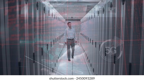 Multiple screens with data processing against caucasian male engineer walking in server room. Business data storage technology concept