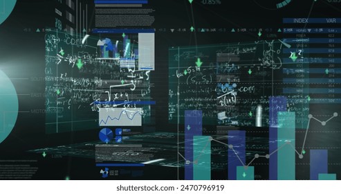 Multiple screens displaying complex data analysis and financial charts are visible. Bright colors highlight different types of information on each screen