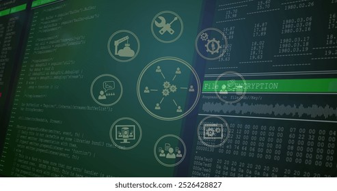 Multiple screens displaying various cybersecurity data and encryption processes. Graphs, codes, and network diagrams are dominating view