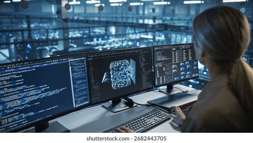 With Multiple Screens Open to Code and Analyze Neural Network Visualizations, Female Software Developer in a Data Center Refines an AI Algorithm, Working Methodically to Improve Performance