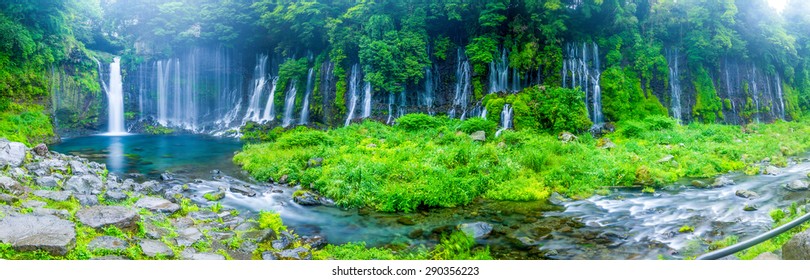Multiple "Shiraito no take " of Japan waterfall in panoramic view - Shutterstock ID 290356223