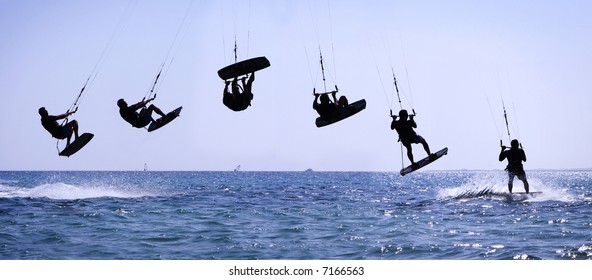 Multiple Shots Of A Kite Rider Making A High Jump.