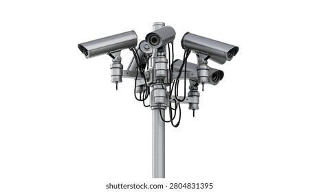 Multiple silver security surveillance cameras mounted on a tall metal pole