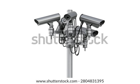 Multiple silver security surveillance cameras mounted on a tall metal pole