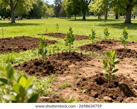 Multiple small tree saplings recently planted in fresh mounds of soil across a green park, with groups of people participating in the community planting activity in the background.