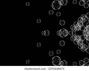 Multiple soap bubbles floating on a dark backdrop.