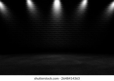 Multiple spotlights cast dramatic light onto a black brick wall and dark floor, creating a moody and professional studio scene for product presentations.
