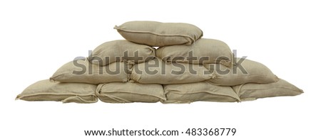 Multiple stacked sand bags, isolated on white background