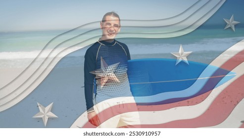 Multiple stars on blue stripes against portrait of caucasian man carrying surfboard at the beach. american independence patriotic holiday concept - Powered by Shutterstock